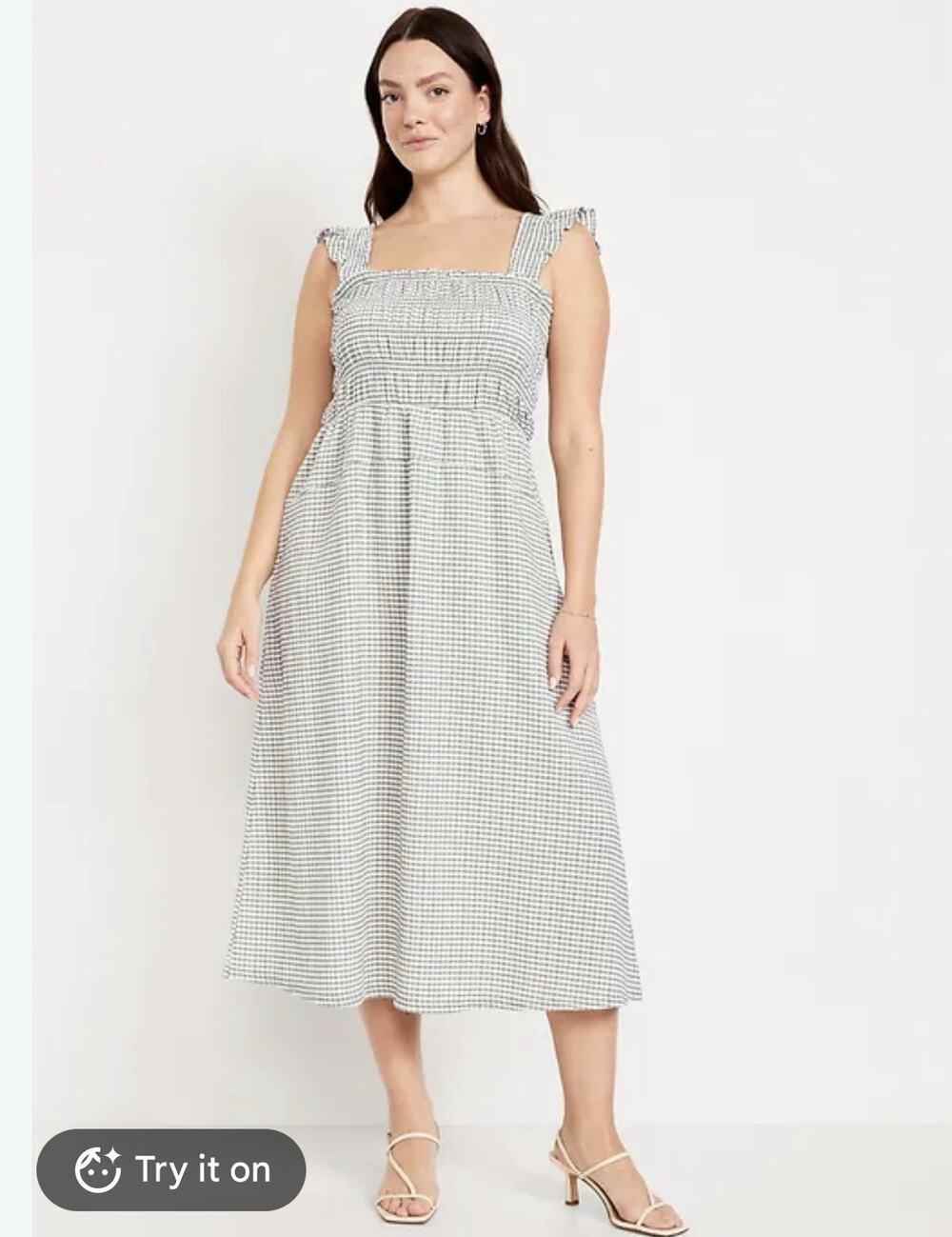 Old Navy Lightweight Sz XXL Smocked Gingham Midi Dress Green White Peasant New